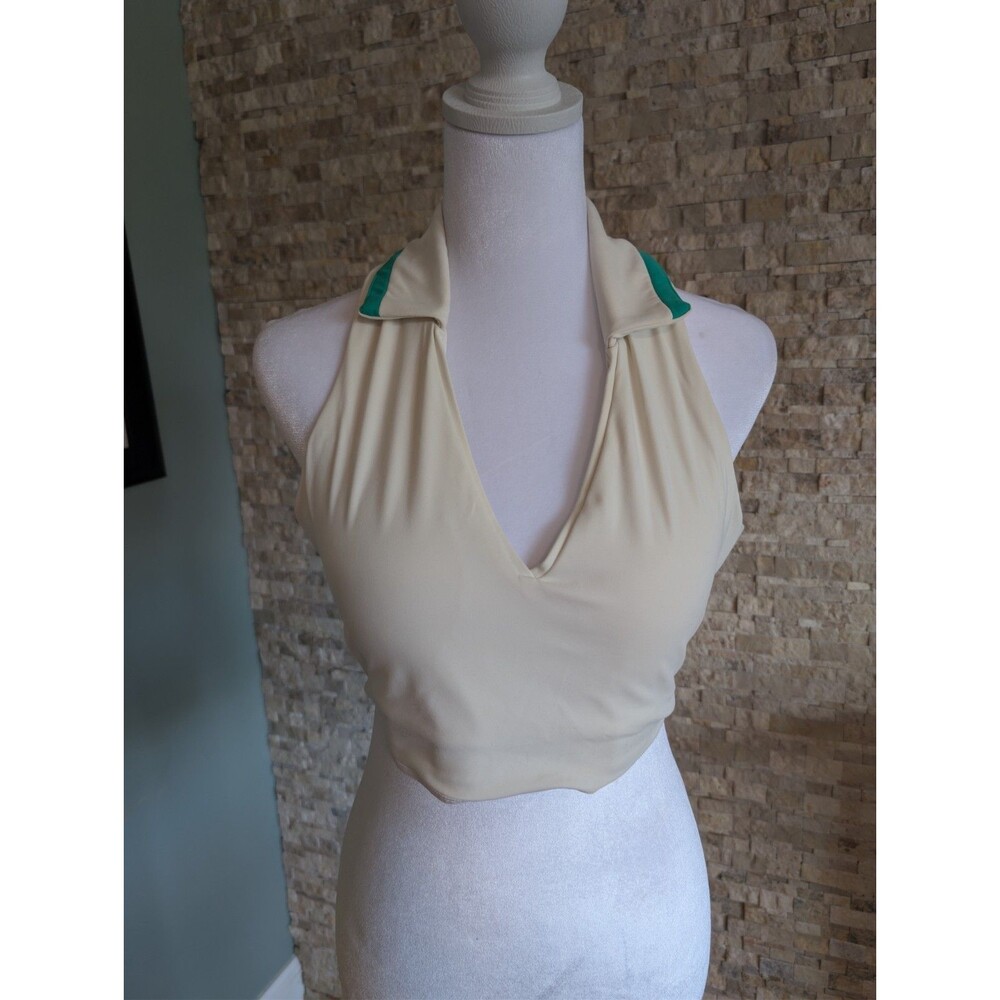 Cream Green Tennis Polo Crop Sports Bra Top Racerback Athleisure Shirt Padded
